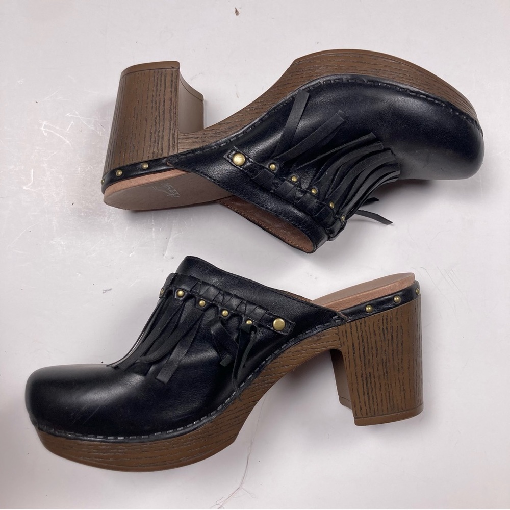 DANSKO Deni Black Fringe Leather Platform Mule Heeled Clog